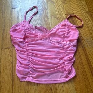 Pink Ruched Camisole with Lace Trim